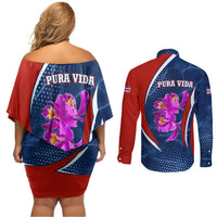 Costa Rica Orchid Couples Matching Off Shoulder Short Dress and Long Sleeve Button Shirt Red and Blue with National Emblem and Purple Flower Design - Wonder Print Shop