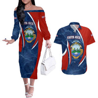 Costa Rica Orchid Couples Matching Off The Shoulder Long Sleeve Dress and Hawaiian Shirt Red and Blue with National Emblem and Purple Flower Design - Wonder Print Shop
