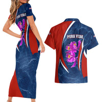 Costa Rica Orchid Couples Matching Short Sleeve Bodycon Dress and Hawaiian Shirt Red and Blue with National Emblem and Purple Flower Design - Wonder Print Shop