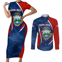 Costa Rica Orchid Couples Matching Short Sleeve Bodycon Dress and Long Sleeve Button Shirt Red and Blue with National Emblem and Purple Flower Design - Wonder Print Shop