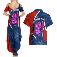 Costa Rica Orchid Couples Matching Summer Maxi Dress and Hawaiian Shirt Red and Blue with National Emblem and Purple Flower Design - Wonder Print Shop