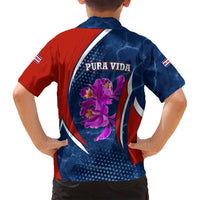 Costa Rica Orchid Family Matching Off Shoulder Maxi Dress and Hawaiian Shirt Red and Blue with National Emblem and Purple Flower Design - Wonder Print Shop