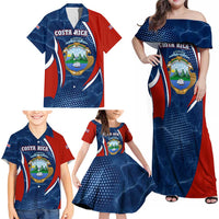 Costa Rica Orchid Family Matching Off Shoulder Maxi Dress and Hawaiian Shirt Red and Blue with National Emblem and Purple Flower Design - Wonder Print Shop