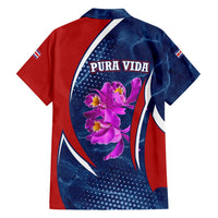 Costa Rica Orchid Family Matching Off Shoulder Maxi Dress and Hawaiian Shirt Red and Blue with National Emblem and Purple Flower Design - Wonder Print Shop