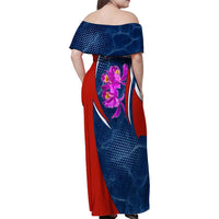 Costa Rica Orchid Family Matching Off Shoulder Maxi Dress and Hawaiian Shirt Red and Blue with National Emblem and Purple Flower Design - Wonder Print Shop