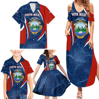 Costa Rica Orchid Family Matching Summer Maxi Dress and Hawaiian Shirt Red and Blue with National Emblem and Purple Flower Design - Wonder Print Shop
