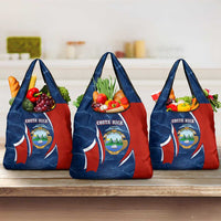 Costa Rica Orchid Grocery Bag Red and Blue with National Emblem and Purple Flower Design - Wonder Print Shop