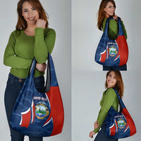 Costa Rica Orchid Grocery Bag Red and Blue with National Emblem and Purple Flower Design - Wonder Print Shop