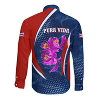 Costa Rica Orchid Long Sleeve Button Shirt Red and Blue with National Emblem and Purple Flower Design - Wonder Print Shop