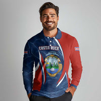 Costa Rica Orchid Long Sleeve Polo Shirt Red and Blue with National Emblem and Purple Flower Design - Wonder Print Shop
