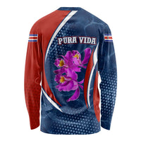 Costa Rica Orchid Long Sleeve Shirt Red and Blue with National Emblem and Purple Flower Design - Wonder Print Shop