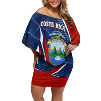 Costa Rica Orchid Off Shoulder Short Dress Red and Blue with National Emblem and Purple Flower Design - Wonder Print Shop