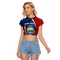 Costa Rica Orchid Raglan Cropped T Shirt Red and Blue with National Emblem and Purple Flower Design - Wonder Print Shop