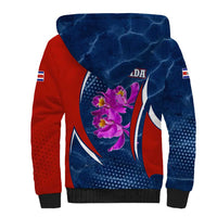 Costa Rica Orchid Sherpa Hoodie Red and Blue with National Emblem and Purple Flower Design - Wonder Print Shop