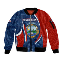 Costa Rica Orchid Sleeve Zip Bomber Jacket Red and Blue with National Emblem and Purple Flower Design - Wonder Print Shop