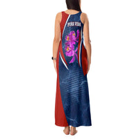 Costa Rica Orchid Tank Maxi Dress Red and Blue with National Emblem and Purple Flower Design - Wonder Print Shop