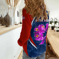 Costa Rica Orchid Women Casual Shirt Red and Blue with National Emblem and Purple Flower Design - Wonder Print Shop