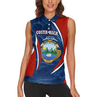 Costa Rica Orchid Women Sleeveless Polo Shirt Red and Blue with National Emblem and Purple Flower Design - Wonder Print Shop