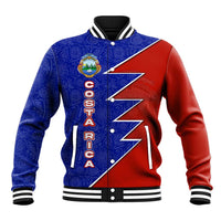 Costa Rica Toucan Baseball Jacket Red and Blue with National Seal and Tropical Bird Graphic - Wonder Print Shop