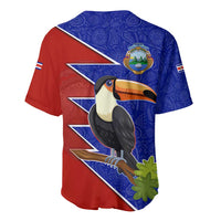 Costa Rica Toucan Baseball Jersey Red and Blue with National Seal and Tropical Bird Graphic - Wonder Print Shop
