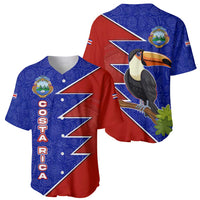 Costa Rica Toucan Baseball Jersey Red and Blue with National Seal and Tropical Bird Graphic - Wonder Print Shop
