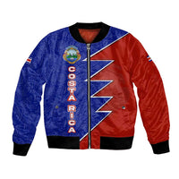 Costa Rica Toucan Bomber Jacket Red and Blue with National Seal and Tropical Bird Graphic - Wonder Print Shop