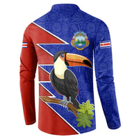 Costa Rica Toucan Button Sweatshirt Red and Blue with National Seal and Tropical Bird Graphic - Wonder Print Shop