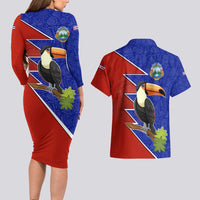 Costa Rica Toucan Couples Matching Long Sleeve Bodycon Dress and Hawaiian Shirt Red and Blue with National Seal and Tropical Bird Graphic - Wonder Print Shop