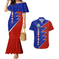 Costa Rica Toucan Couples Matching Mermaid Dress and Hawaiian Shirt Red and Blue with National Seal and Tropical Bird Graphic - Wonder Print Shop