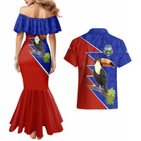 Costa Rica Toucan Couples Matching Mermaid Dress and Hawaiian Shirt Red and Blue with National Seal and Tropical Bird Graphic - Wonder Print Shop