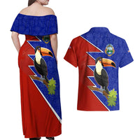 Costa Rica Toucan Couples Matching Off Shoulder Maxi Dress and Hawaiian Shirt Red and Blue with National Seal and Tropical Bird Graphic - Wonder Print Shop