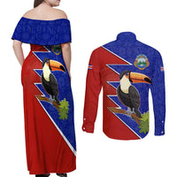 Costa Rica Toucan Couples Matching Off Shoulder Maxi Dress and Long Sleeve Button Shirt Red and Blue with National Seal and Tropical Bird Graphic - Wonder Print Shop