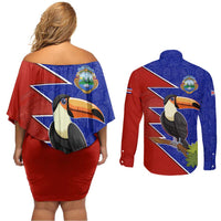 Costa Rica Toucan Couples Matching Off Shoulder Short Dress and Long Sleeve Button Shirt Red and Blue with National Seal and Tropical Bird Graphic - Wonder Print Shop