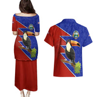 Costa Rica Toucan Couples Matching Puletasi and Hawaiian Shirt Red and Blue with National Seal and Tropical Bird Graphic - Wonder Print Shop