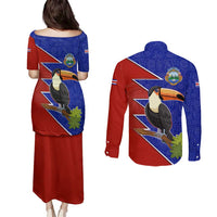 Costa Rica Toucan Couples Matching Puletasi and Long Sleeve Button Shirt Red and Blue with National Seal and Tropical Bird Graphic - Wonder Print Shop