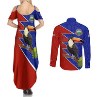 Costa Rica Toucan Couples Matching Summer Maxi Dress and Long Sleeve Button Shirt Red and Blue with National Seal and Tropical Bird Graphic - Wonder Print Shop