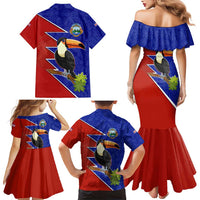 Costa Rica Toucan Family Matching Mermaid Dress and Hawaiian Shirt Red and Blue with National Seal and Tropical Bird Graphic - Wonder Print Shop