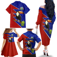 Costa Rica Toucan Family Matching Off The Shoulder Long Sleeve Dress and Hawaiian Shirt Red and Blue with National Seal and Tropical Bird Graphic - Wonder Print Shop