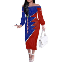 Costa Rica Toucan Family Matching Off The Shoulder Long Sleeve Dress and Hawaiian Shirt Red and Blue with National Seal and Tropical Bird Graphic - Wonder Print Shop