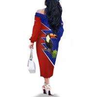 Costa Rica Toucan Family Matching Off The Shoulder Long Sleeve Dress and Hawaiian Shirt Red and Blue with National Seal and Tropical Bird Graphic - Wonder Print Shop