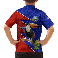Costa Rica Toucan Family Matching Off Shoulder Short Dress and Hawaiian Shirt Red and Blue with National Seal and Tropical Bird Graphic - Wonder Print Shop