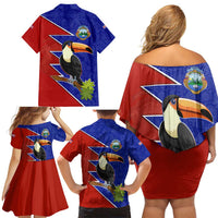 Costa Rica Toucan Family Matching Off Shoulder Short Dress and Hawaiian Shirt Red and Blue with National Seal and Tropical Bird Graphic - Wonder Print Shop