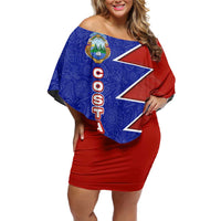 Costa Rica Toucan Family Matching Off Shoulder Short Dress and Hawaiian Shirt Red and Blue with National Seal and Tropical Bird Graphic - Wonder Print Shop