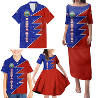 Costa Rica Toucan Family Matching Puletasi and Hawaiian Shirt Red and Blue with National Seal and Tropical Bird Graphic - Wonder Print Shop