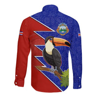 Costa Rica Toucan Long Sleeve Button Shirt Red and Blue with National Seal and Tropical Bird Graphic - Wonder Print Shop