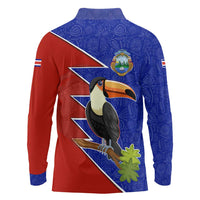 Costa Rica Toucan Long Sleeve Polo Shirt Red and Blue with National Seal and Tropical Bird Graphic - Wonder Print Shop