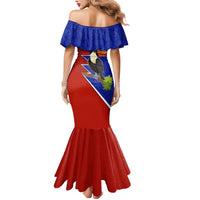 Costa Rica Toucan Mermaid Dress Red and Blue with National Seal and Tropical Bird Graphic - Wonder Print Shop