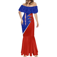Costa Rica Toucan Mermaid Dress Red and Blue with National Seal and Tropical Bird Graphic - Wonder Print Shop