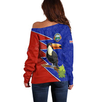Costa Rica Toucan Off Shoulder Sweater Red and Blue with National Seal and Tropical Bird Graphic - Wonder Print Shop