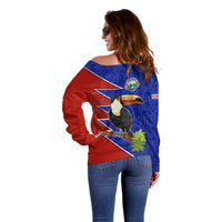 Costa Rica Toucan Off Shoulder Sweater Red and Blue with National Seal and Tropical Bird Graphic - Wonder Print Shop